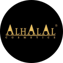 Logo van Al Halal Cosmetica met de tekst in gouden letters op zwarte achtergrond