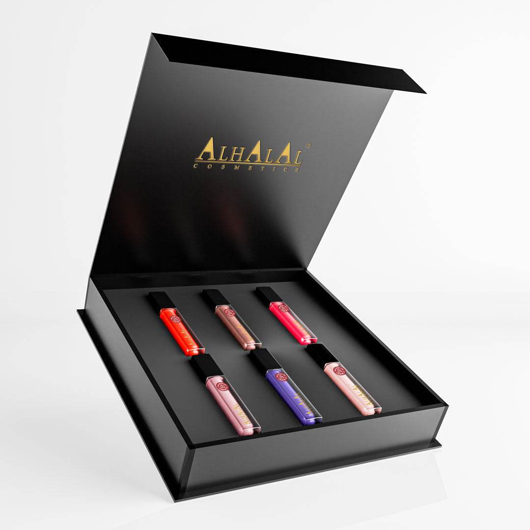 Luxe zwarte geschenkdoos met zes verschillende kleuren Halal Cadeausets lipsticks voor ethische beauty