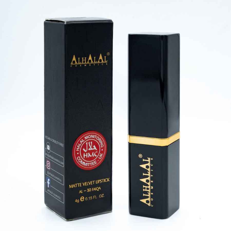Alhalal cosmetics matte velvet Bruin Lippenstift in zwarte verpakking met gouden details
