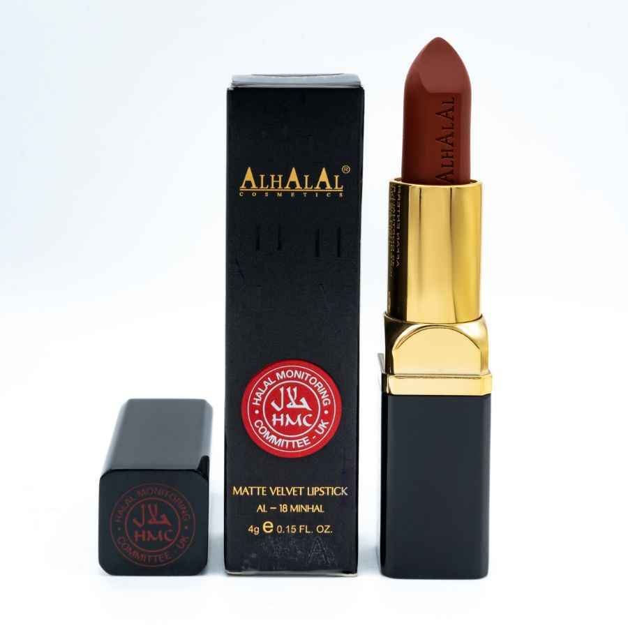 Alhalal cosmetics matte velvet lipstick in bruine tint met gouden en zwarte verpakking BRUIN ORANJE LIPPENSTIFT