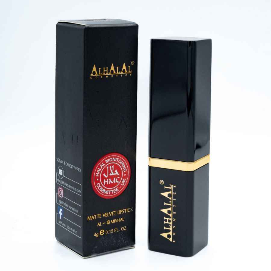 Alhalal cosmetics matte velvet lipstick met bruine oranje tint verpakking en huls
