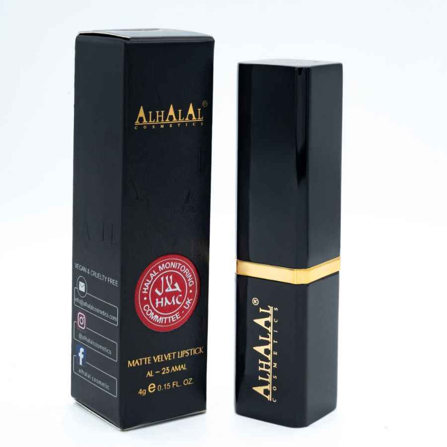 Alhalal cosmetics bruine velvet lipstick in zwarte luxe verpakking met goudkleurige accenten