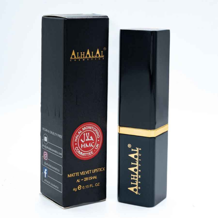 Alhalal cosmetics matte FLUWELEN LIPPENSTIFT in zwarte huls met gouden accent en verpakking