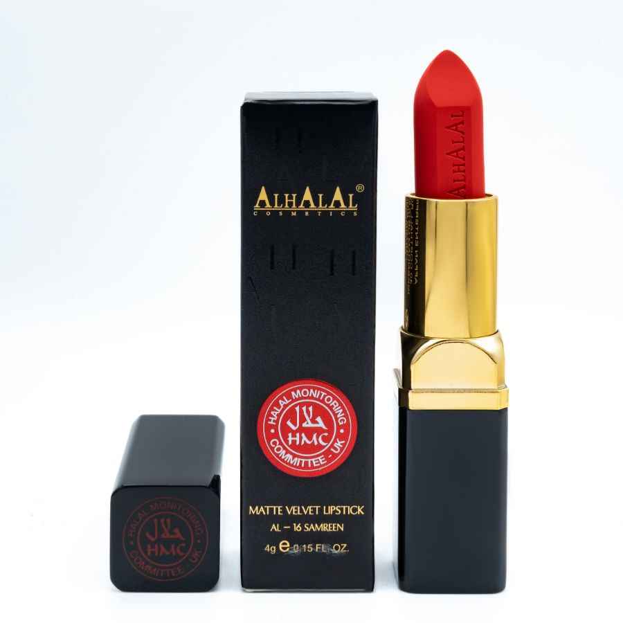 Alhalal cosmetics MILANO LIPPENSTIFT matte velvet lipstick in een rijke rode kleur met zwarte en gouden verpakking