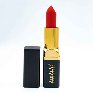 Rode velvet MILANO LIPPENSTIFT van Alhalal cosmetics met gouden huls en zwarte dop