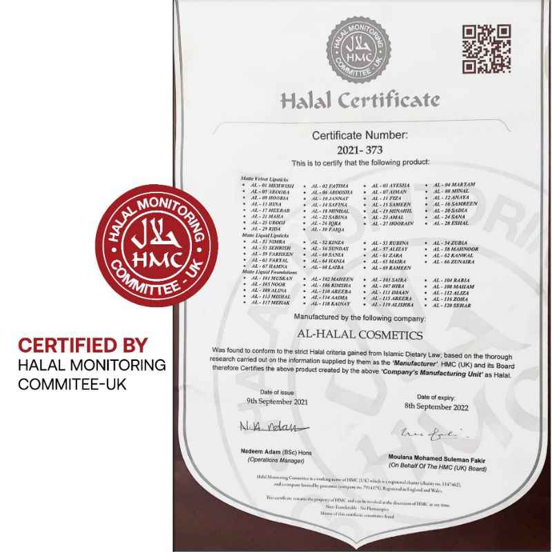 Halal certificaat voor Alhalal cosmetics product met PAARSE LIPPENSTIFT vermeld