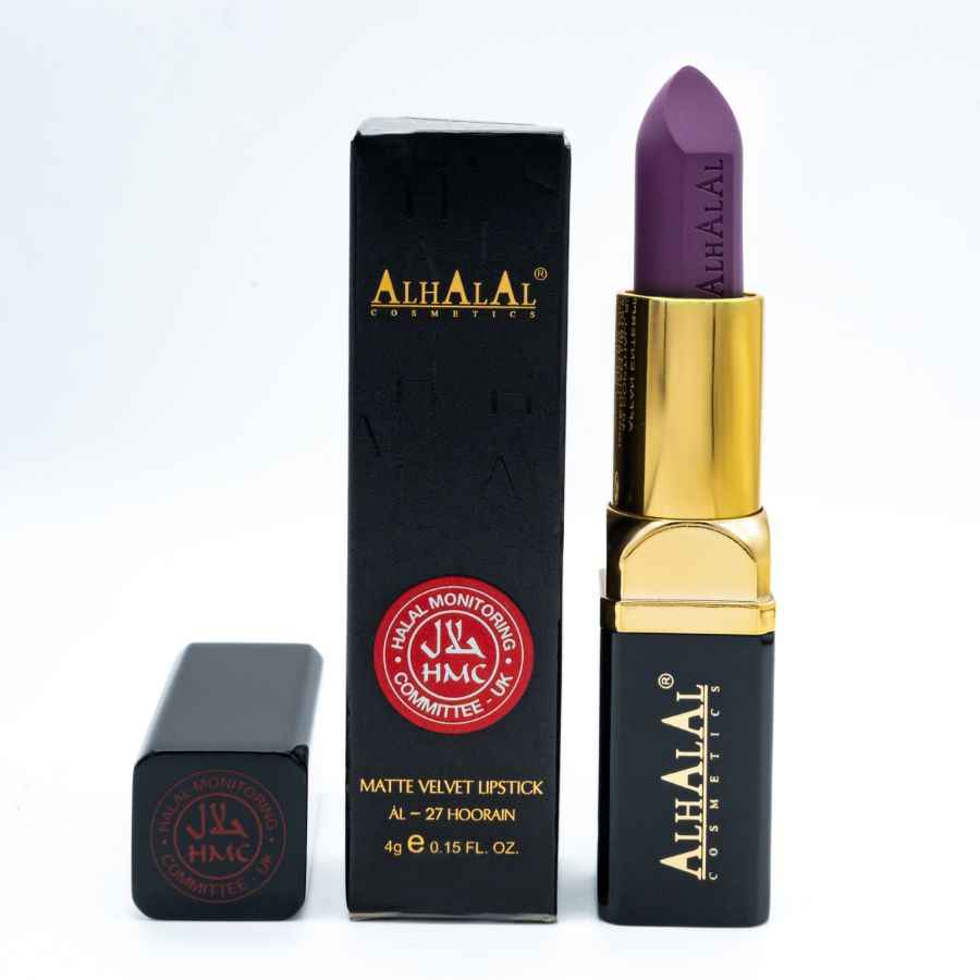 PAARSE LIPPENSTIFT van Alhalal cosmetics in velvet finish met gouden en zwarte huls