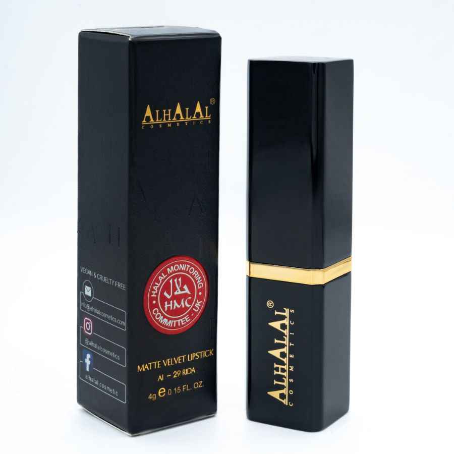 Alhalal cosmetics velvet lipstick in luxe zwarte verpakking met rode lippenstift kleur
