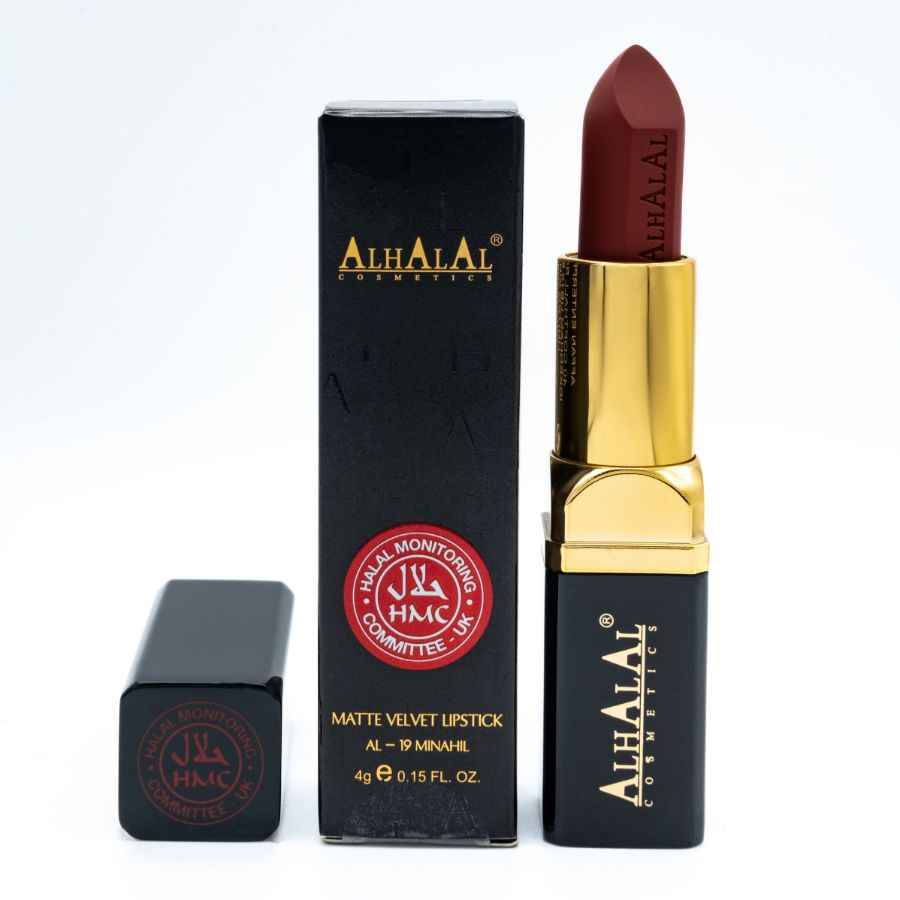 Alhalal cosmetics matte velvet rode lippenstift in zwarte en gouden verpakking