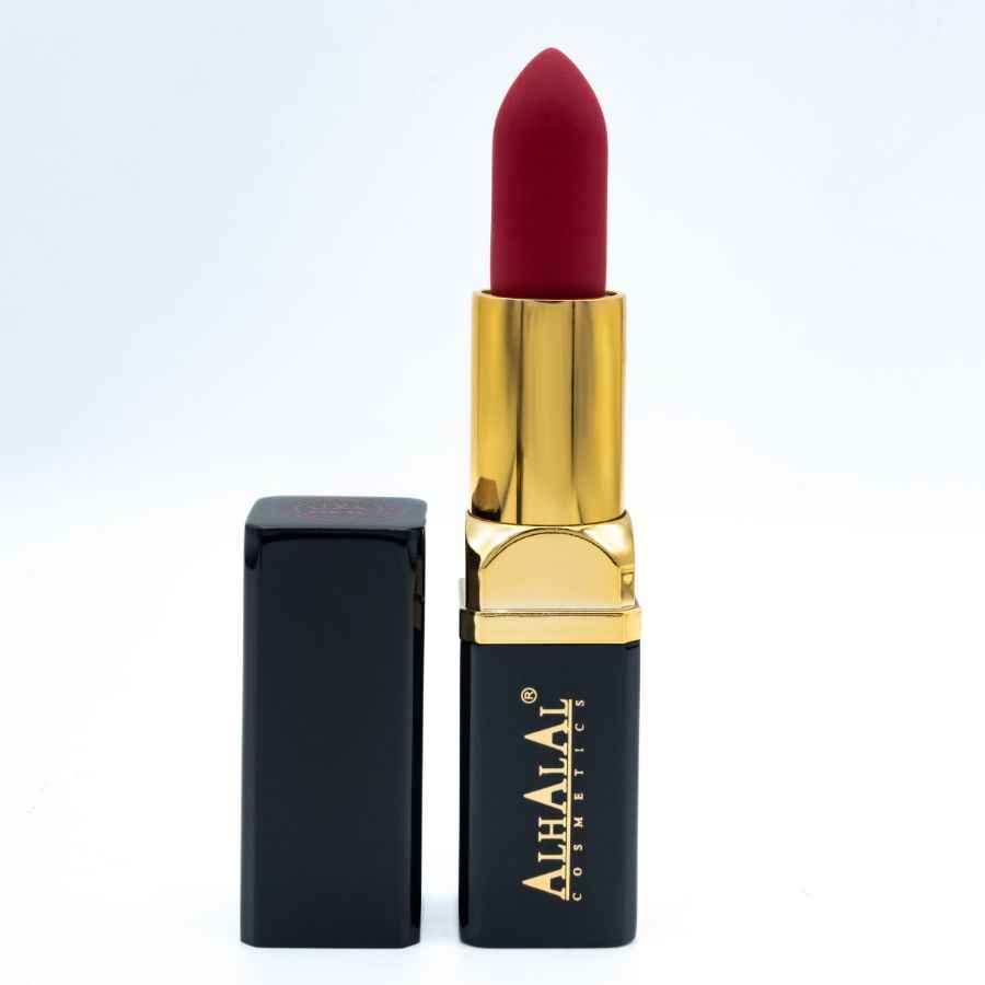 Alhalal cosmetics velvet lipstick in diepe rode tint met gouden huls en zwarte dop rode lippenstift