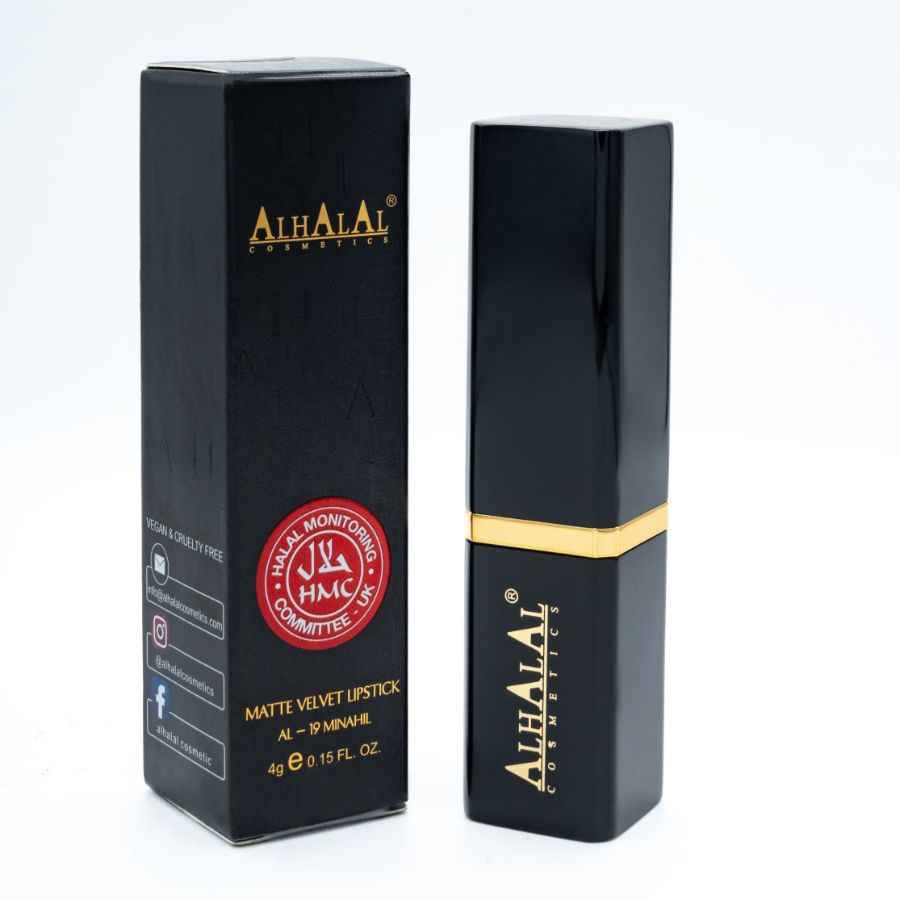 Alhalal Cosmetics Rode Lippenstift in zwarte matte fluwelen verpakking met gouden accenten
