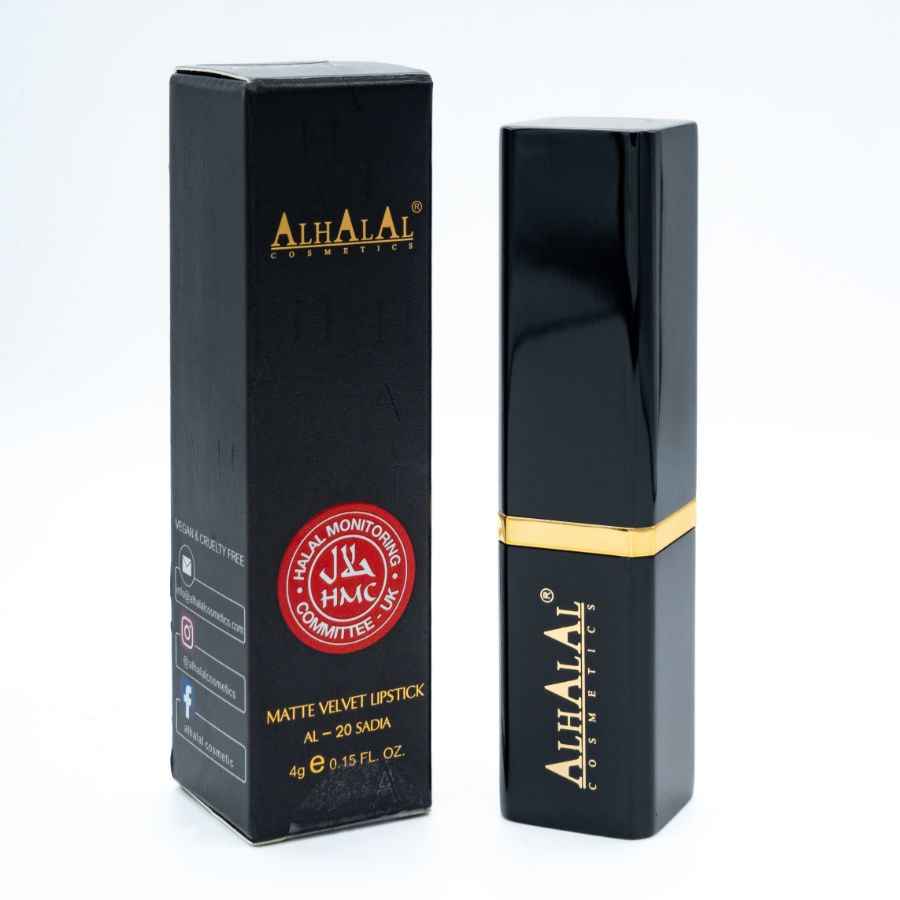 Alhalal cosmetics velvet lipstick in zwarte verpakking met de kleur rood roze lippensift