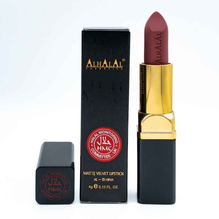 Alhalal cosmetics roze lippenstift met matte velvet finish en luxe zwarte verpakking