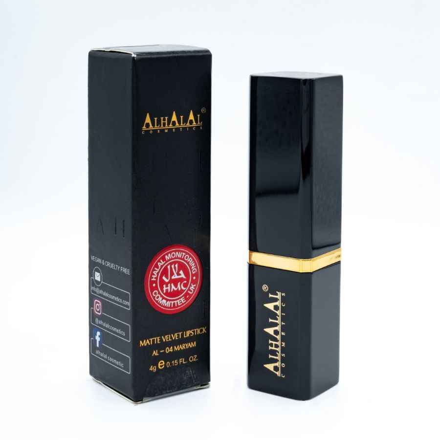 Alhalal cosmetics matte velvet roze lippenstift met zwarte en gouden verpakking