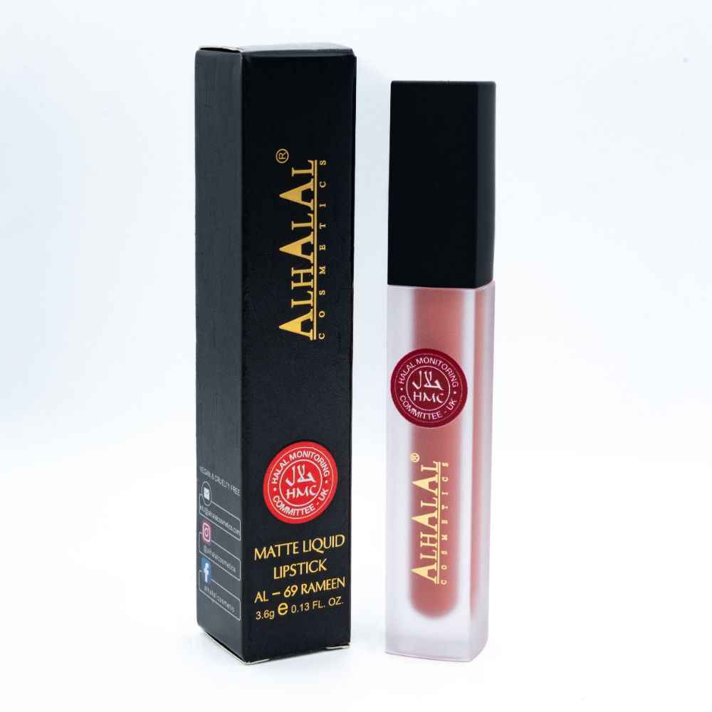 Alhalal cosmetics vloeibare lippenstift in matte roze tint met zwarte verpakking
