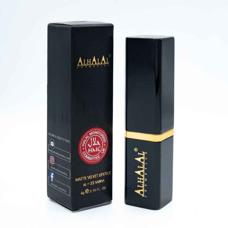 Alhalal cosmetics matte velvet lipstick in zwarte verpakking met zacht bruin lippenstift kleur