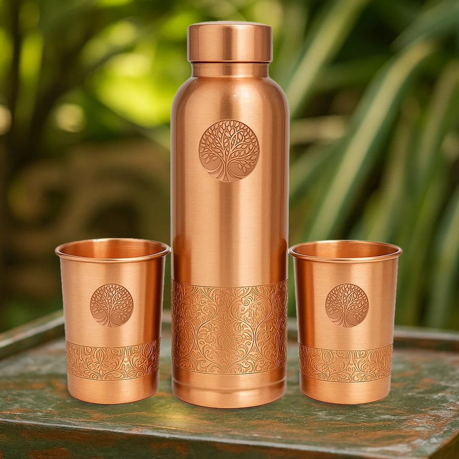 100 % ENSEMBLE CADEAU EN CUIVRE PUR | BOUTEILLE D'EAU 950 ML + 2 GOBELETS 250 ML | QUALITÉ PREMIUM | FAIT MAIN ET UNIQUE | IDÉE CADEAU