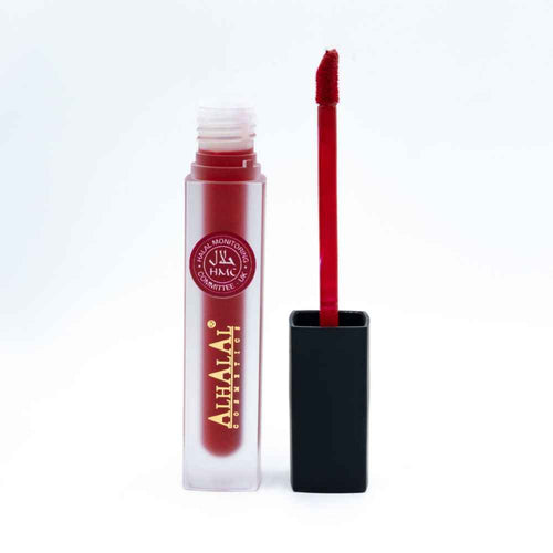 Alhalal Cosmetics Smooth Liquid Lipstick vermelho com aplicador e embalagem transparente