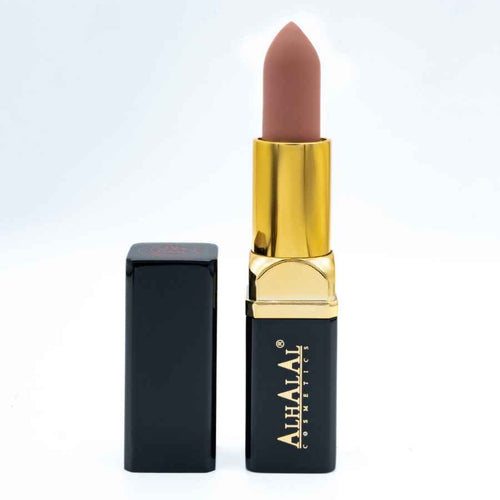 Batom de veludo da Alhalal Cosmetics numa elegante cor BAGO com detalhes dourados