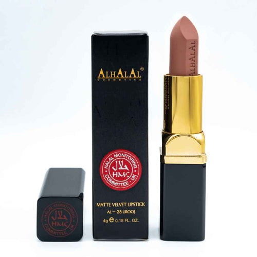 Batons bege da Alhalal cosmetics em veludo sedoso e embalagem de luxo