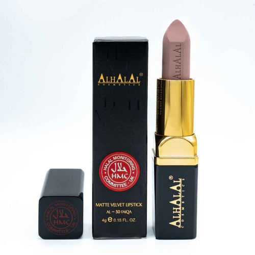 Alhalal Cosmetics mat fløjlsbrun læbestift med guldfarvet ærme og sort emballage
