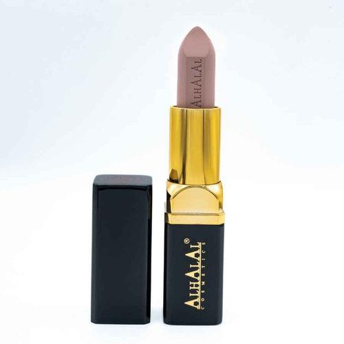 Alhalal Cosmetics brun læbestift med fløjlsfinish og guld- og sort ærme