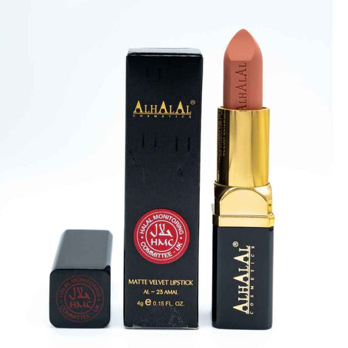 Batom castanho mate veludo da Alhalal Cosmetics com caixa dourada e embalagem preta