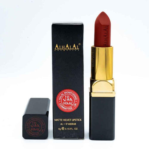 Donkere lippestift van Alhalal cosmetics in matte velvet finish met luxe zwarte en gouden verpakking