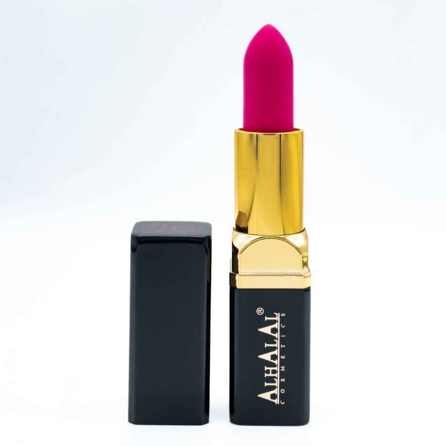 Velvet Lipstick van Alhalal cosmetics in heldere roze kleur met GRIJZE Lippenstift verpakking