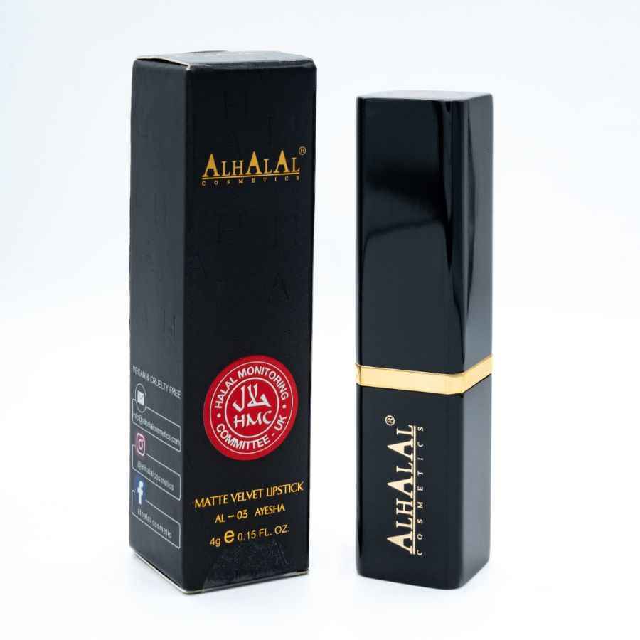 Alhalal cosmetics matte velvet lipstick verpakking en huls in zwart met gouden accenten GRIJZE Lippenstift