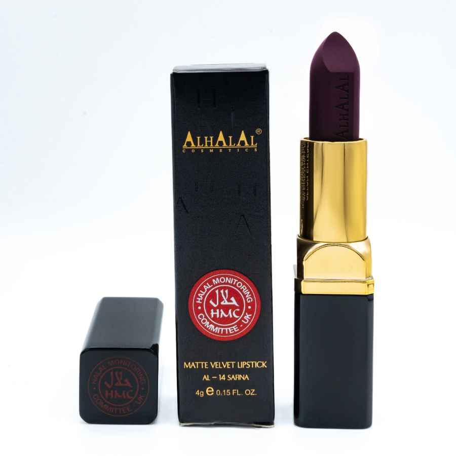 Alhalal cosmetics ECLIPSE LIPPENSTIFT matte velvet lipstick in diepe paarse tint met gouden huls