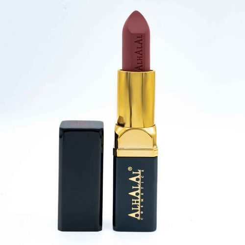 Alhalal Cosmetics fløjlslæbestift i luksus sort guld etui med dyb pink farve