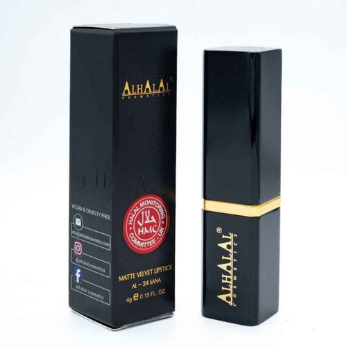 Alhalal Cosmetics Matte Velvet Lipstick roxo em embalagem preta de luxo