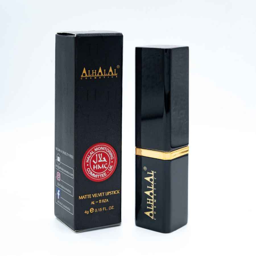 Alhalal cosmetics matte velvet lippenstift roze in zwarte verpakking en huls met gouden details