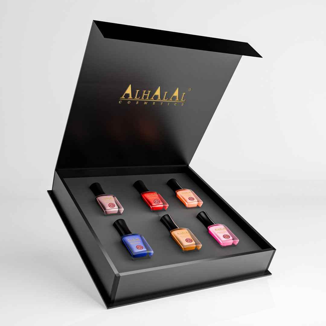 Alhalal cosmetics nagellak setje met zes verschillende kleuren in zwarte luxe geschenkdoos