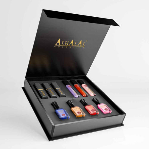 Conjunto luxuoso de verniz Alhalal Cosmetics com quatro cores diferentes de verniz em embalagem preta elegante