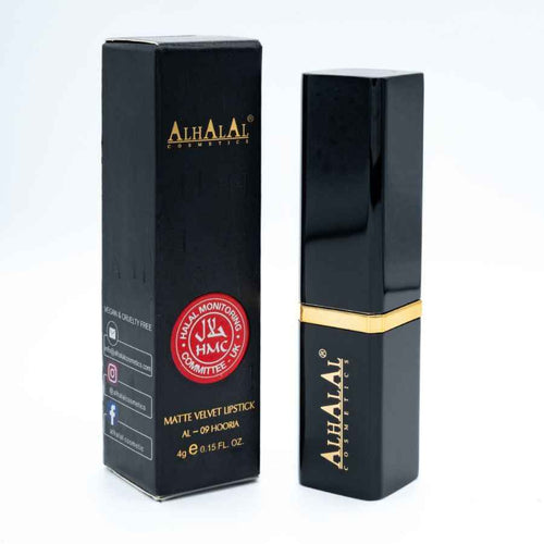 Alhalal cosmetics matte velvet lipstick verpakking en huls zwart goud oranje lippenstift