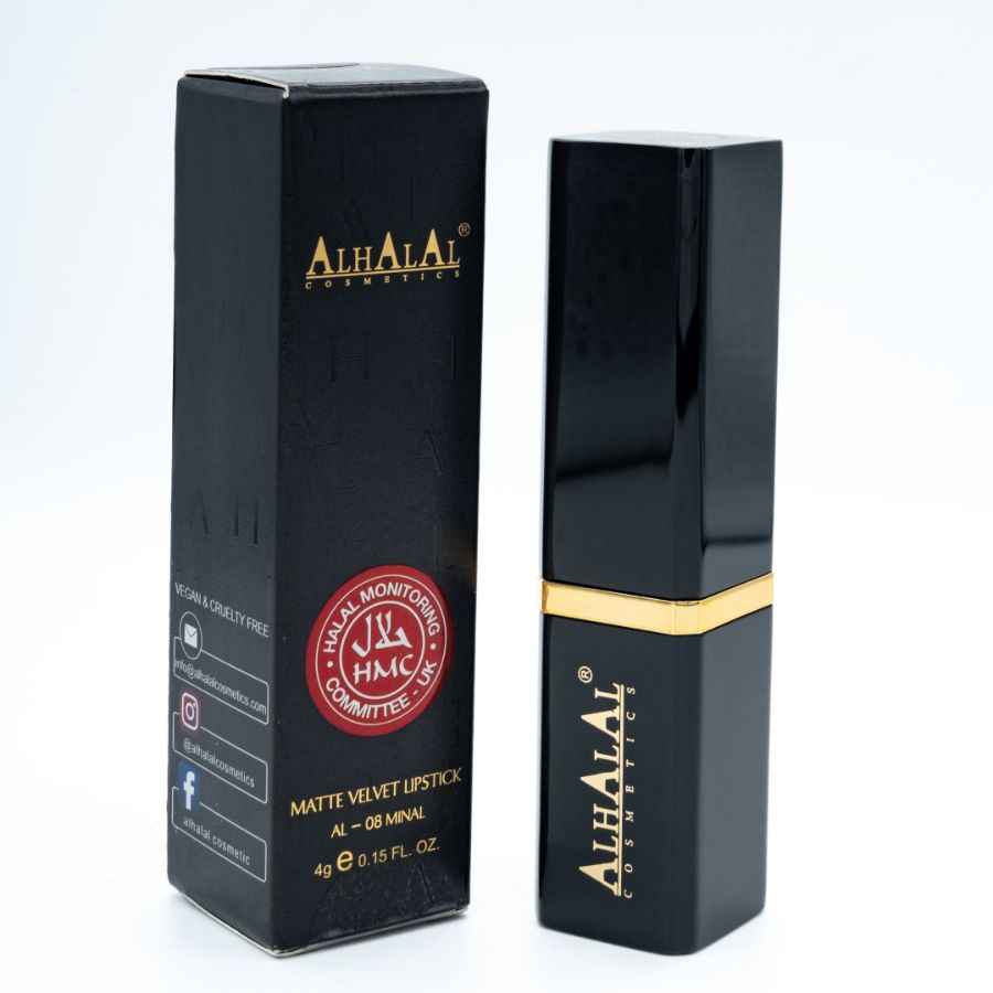 Alhalal cosmetics zwarte matte velvet lipstick met gouden accenten met OUDE LIPPENSTIFT branding