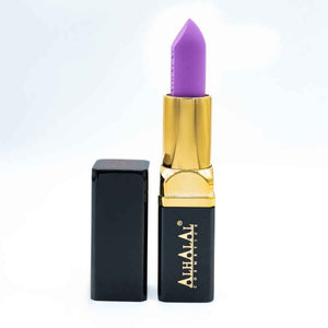 Alhalal cosmetics paarse lippenstift in fluwelen textuur met gouden en zwarte huls
