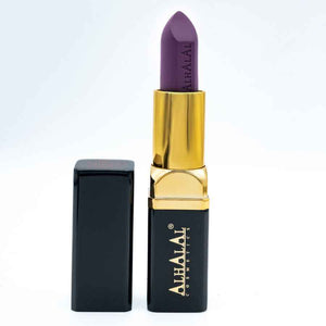 Alhalal cosmetics velvet lipstick in dieppaars met luxe gouden en zwarte verpakking paarse lippenstift