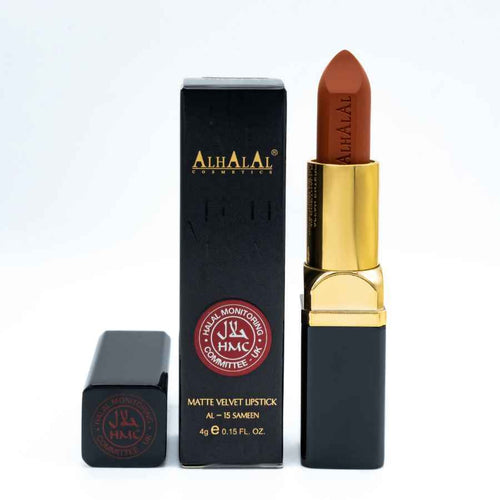 Alhalal cosmetics matte velvet lippenstift in bruine tint met zwarte en gouden huls PINDA LIPPENSTIFT