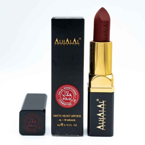 Alhalal cosmetics mat fløjlsrød læbestift i sort og guld emballage