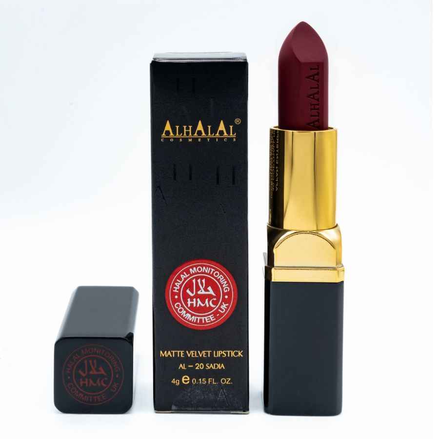 Alhalal cosmetics matte velvet lipstick in een diepe rood roze lippenstift kleur met zwarte en gouden verpakking