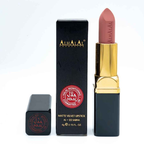 Batom de veludo mate da Alhalal Cosmetics na cor cor-de-rosa com embalagem preta e dourada luxuosa