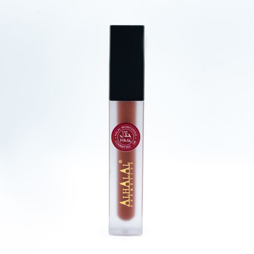 Gloss labial líquido Alhalal Cosmetics em vermelho mate com tampa preta e certificado halal