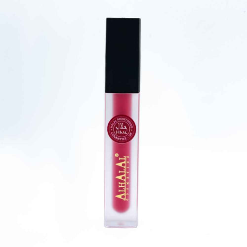 Batom líquido da Alhalal Cosmetics num frasco transparente mate com tampa preta