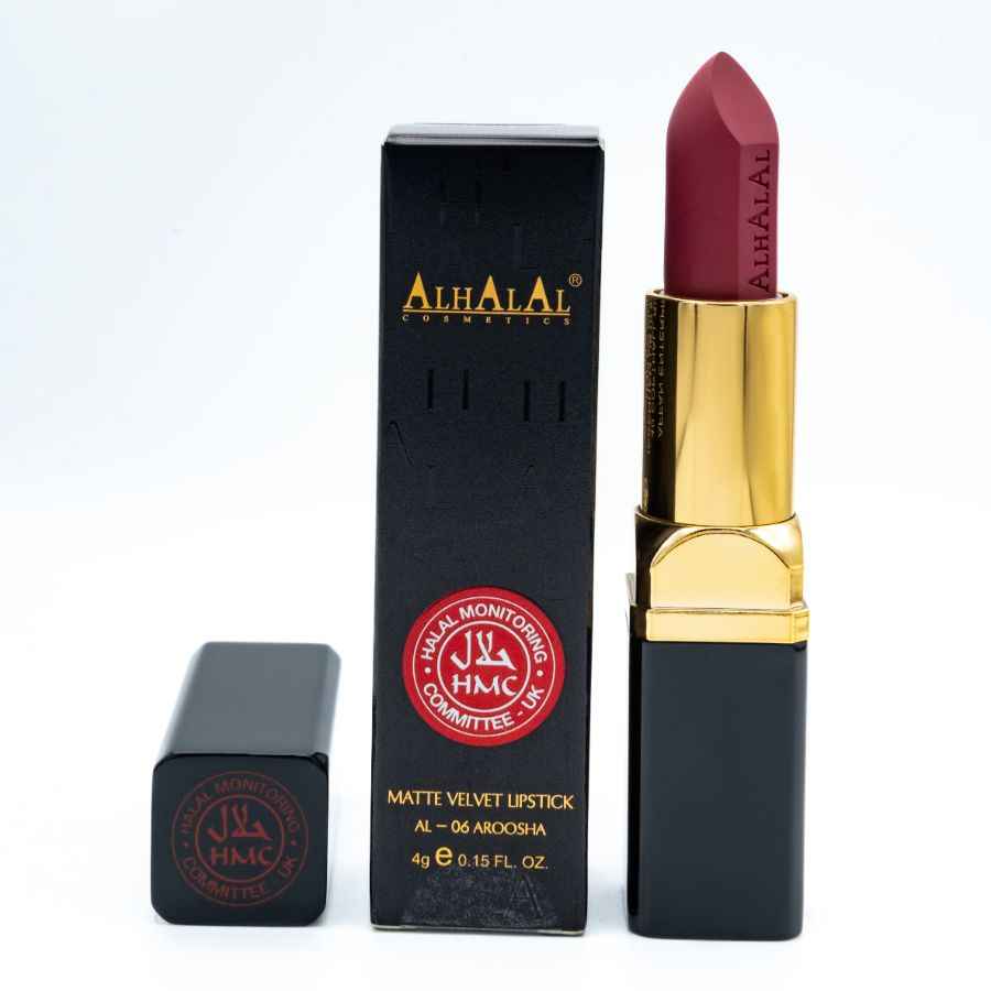 Alhalal cosmetics matte velvet wijn lippensift in diepe rode kleur met zwarte en gouden verpakking