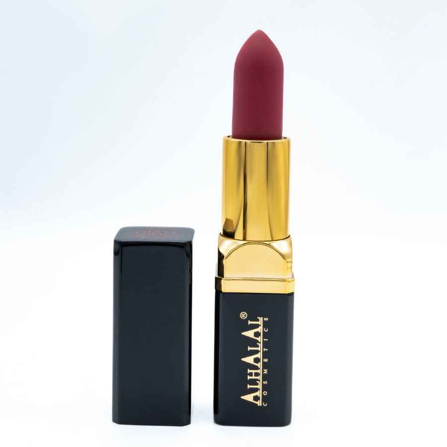 Alhalal cosmetics wijn lippenstift in fluwelen textuur met zwarte en gouden huls