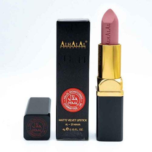 batom castanho suave da Alhalal Cosmetics em veludo mate com manga dourada e preta