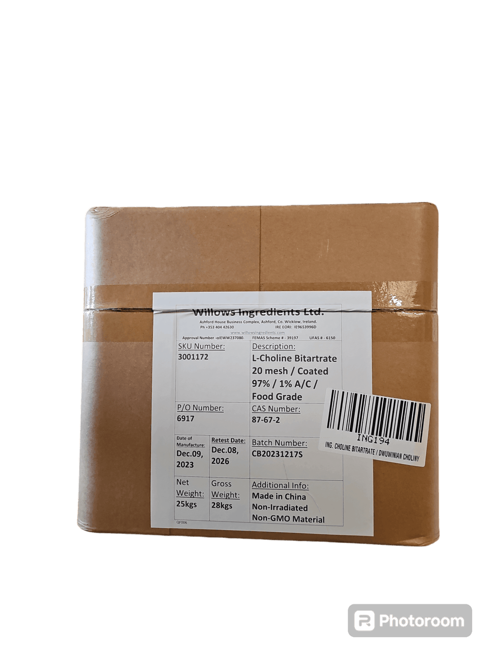 L-Choline Bitartrate 25kg - BeBulk Nutrition